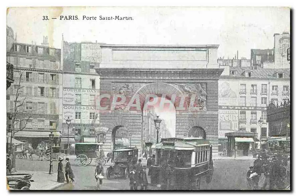 Paris. Porta Saint-Martin — vista urbana com trêm e pedestres — editor não visível, n° 33 - Frente