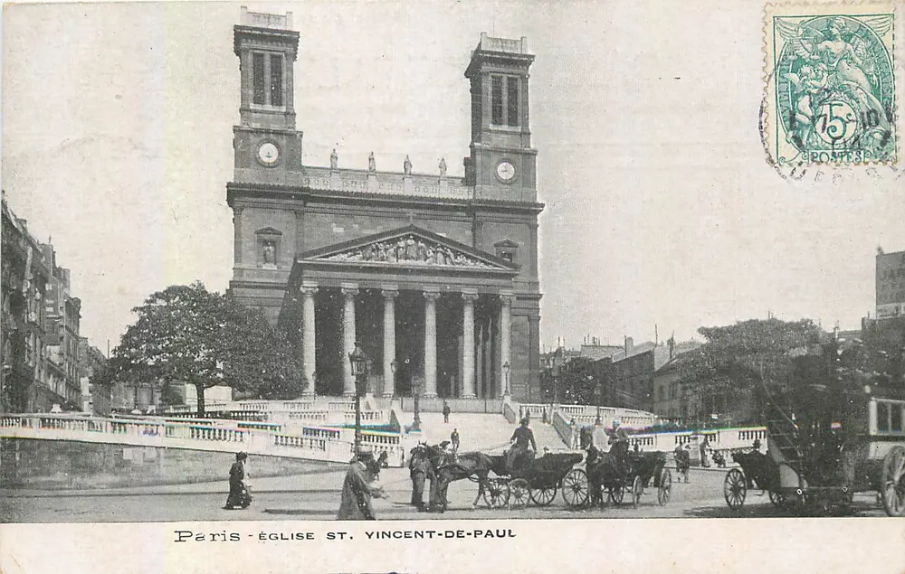 Paris - Igreja de São Vicente de Paulo — vista da fachada neoclássica com carruagem e pedestres - Frente