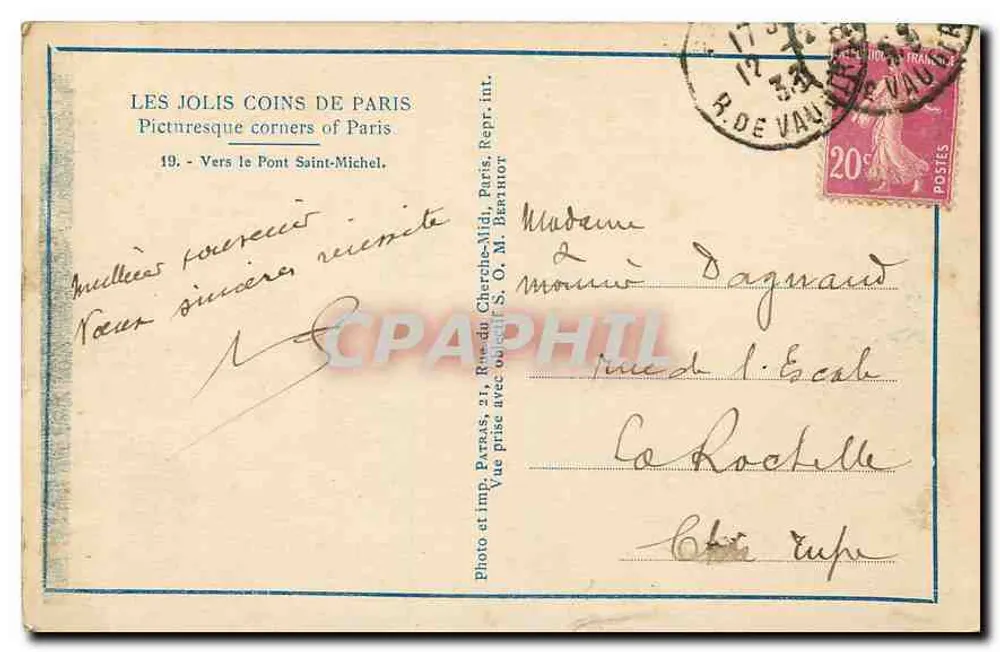 Vue du Pont Saint-Michel — Paris — éditeur Patras, n°19 - Verso