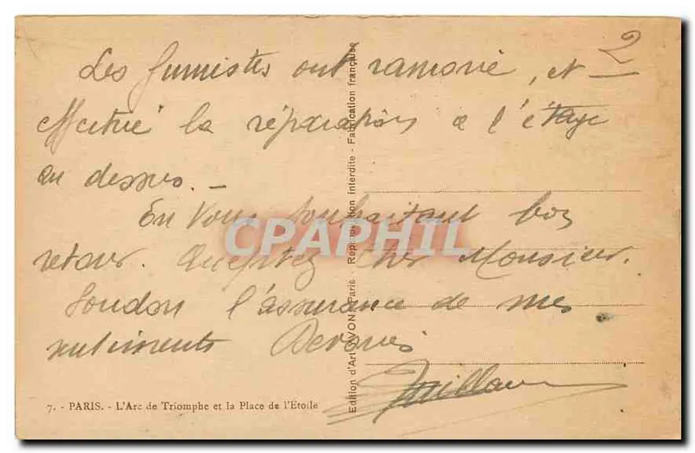 Arc de Triomphe — Paris — Édition d'Art Lyon - Verso