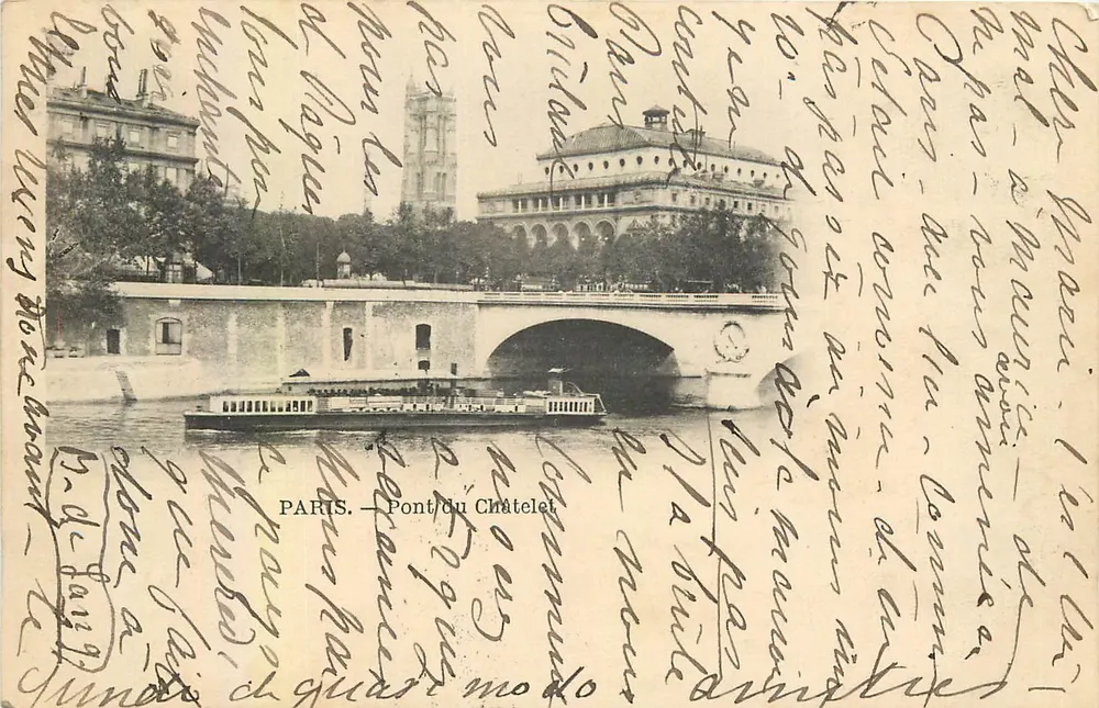 Paryż — Pont du Châtelet — widok rzeki z łodzią — wydawca nieznany - Awers