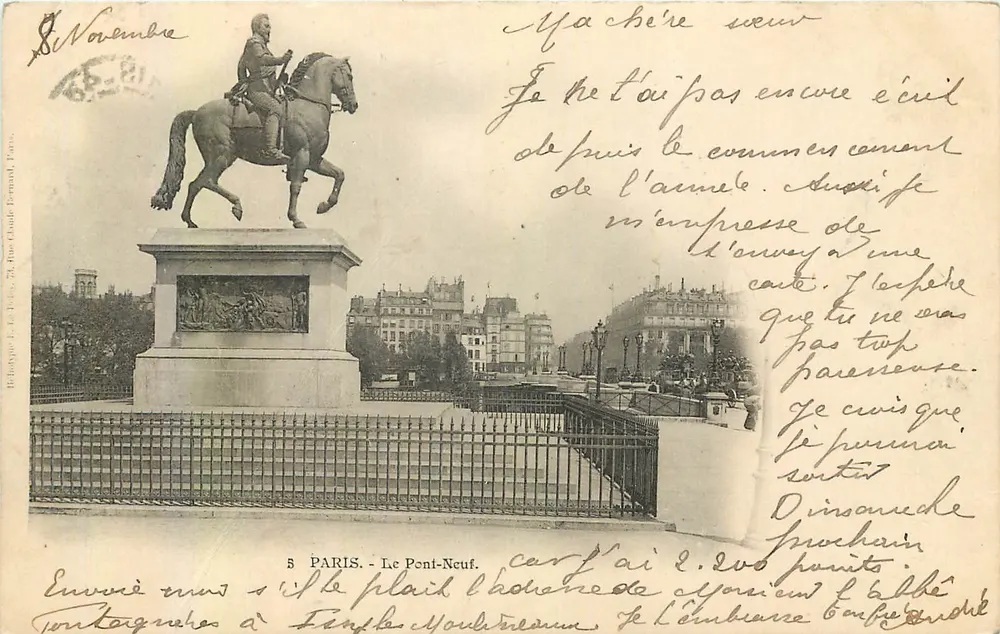 Paris - Le Pont-Neuf — statue équestre sur socle orné, éditeur Héloïse J. Le Tallec, 74, rue Claude Bernard, Paris, n°5 - Frente