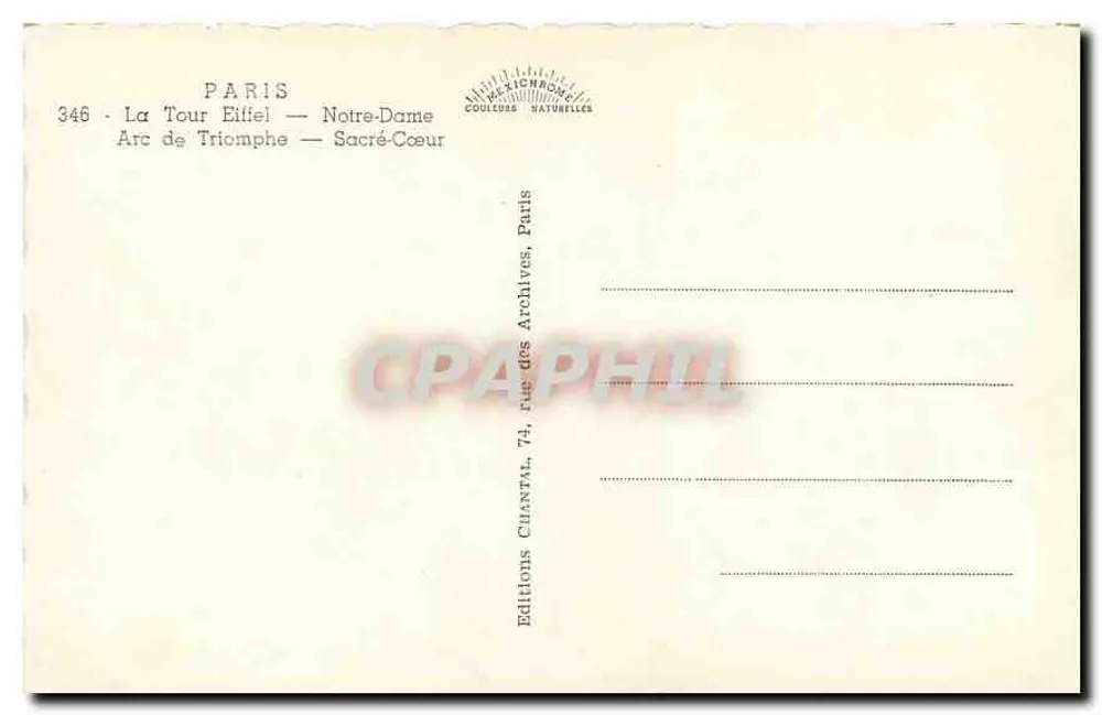 Paris — Tour Eiffel, Notre-Dame, Arc de Triomphe, Sacré-Cœur — Éditions Archives, Paris - Verso