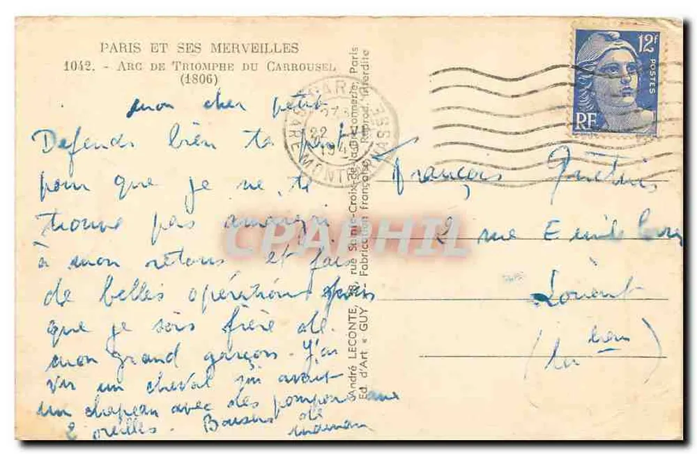 Arc de Triomphe du Carrousel — Paris — Éditeur Guy, n° 1042 - Verso