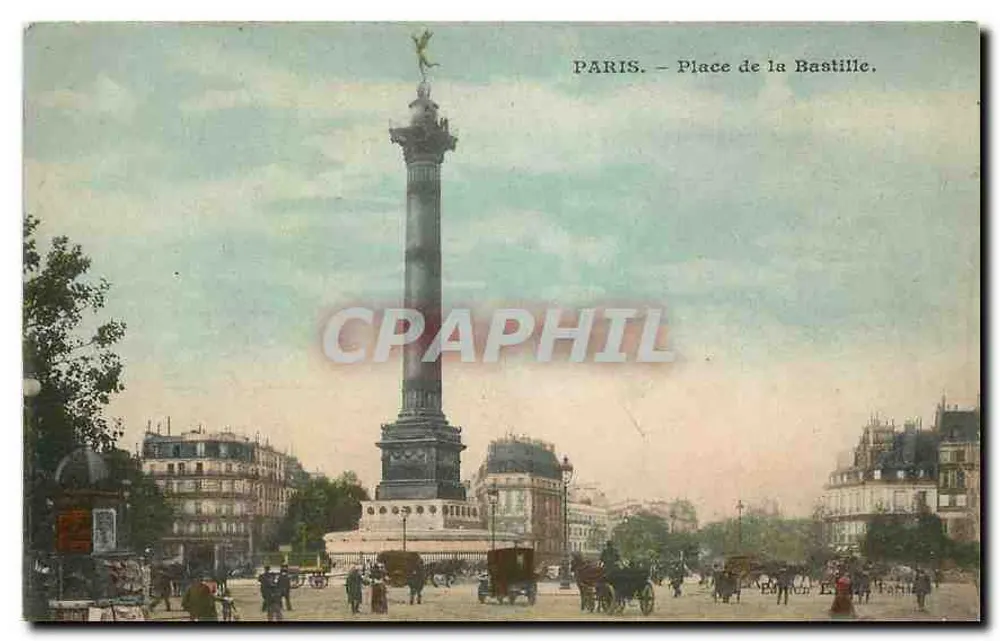 Paris — Praça da Bastilha — coluna da Bastilha com estátua de anjo no topo - Frente