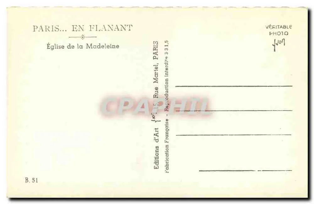 Paris — Église de la Madeleine — Éditions d'Art Martel, Paris - Verso