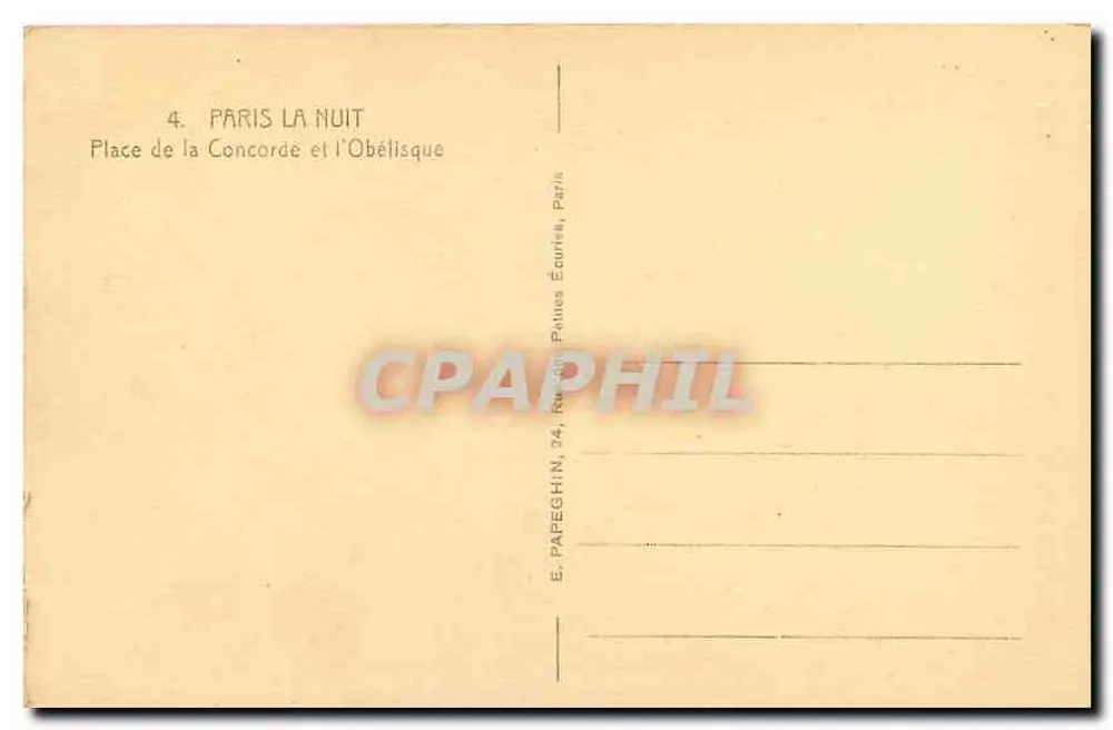Place de la Concorde — nuit — E. PAREGHIN, 24, rue des Pâlais Écuries, Paris - Verso
