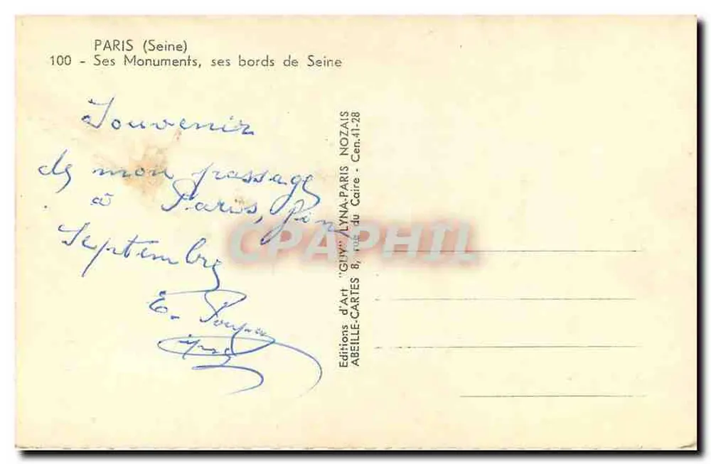 Paris — Lembrete de Paris — Edições de Arte 'Gify' Abelle-Cartes - Verso