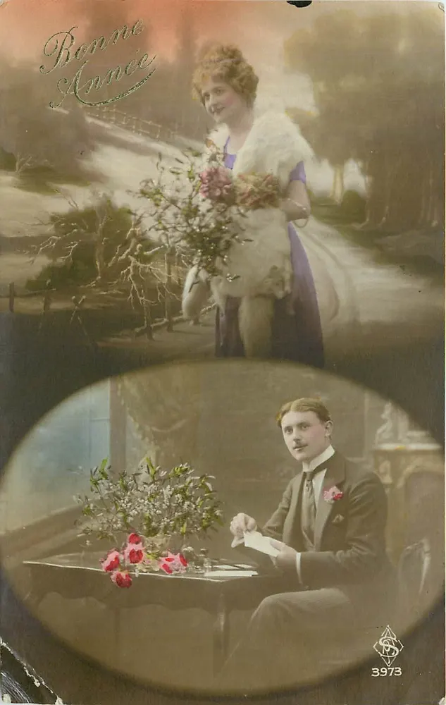 Bonne Année — scène féminine et homme au bureau — éditeur S. 3973 - Recto