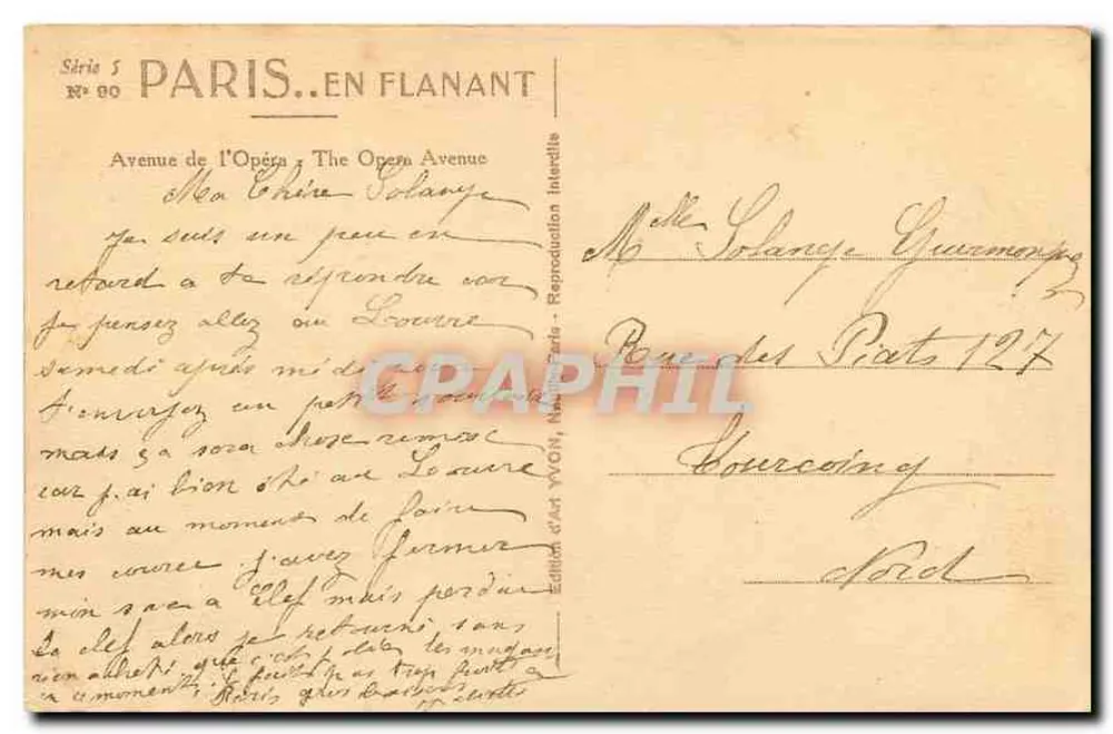 Parigi — Avenue de l'Opéra — Edizione d'arte YVON, serie 5, n° 80 - Verso