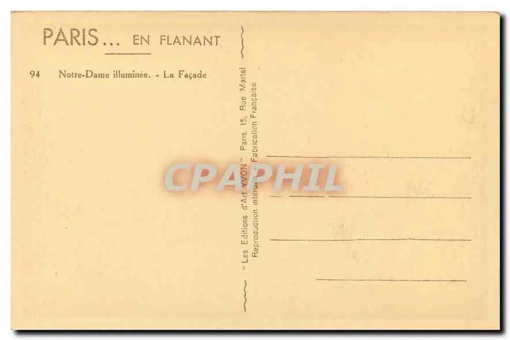 Notre-Dame de Paris — Façade illuminée — Éditions d'Art Yvon - Verso
