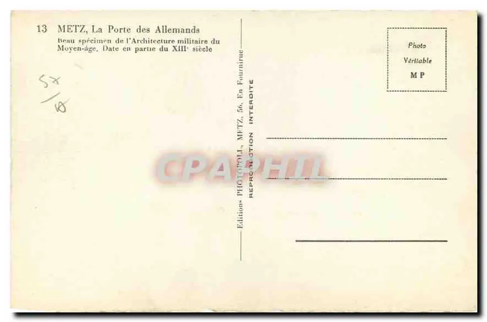 Metz, La Porte des Allemands — beau spécimen de l'architecture militaire du Moyen-âge, éditeur METZ, n°13 - Verso