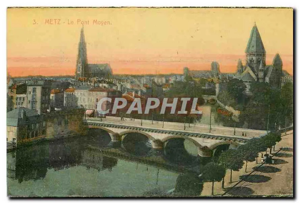 Metz - O Ponte Médio — vista panorâmica com a catedral e a cidadela — editor Fischer, n°3 - Frente