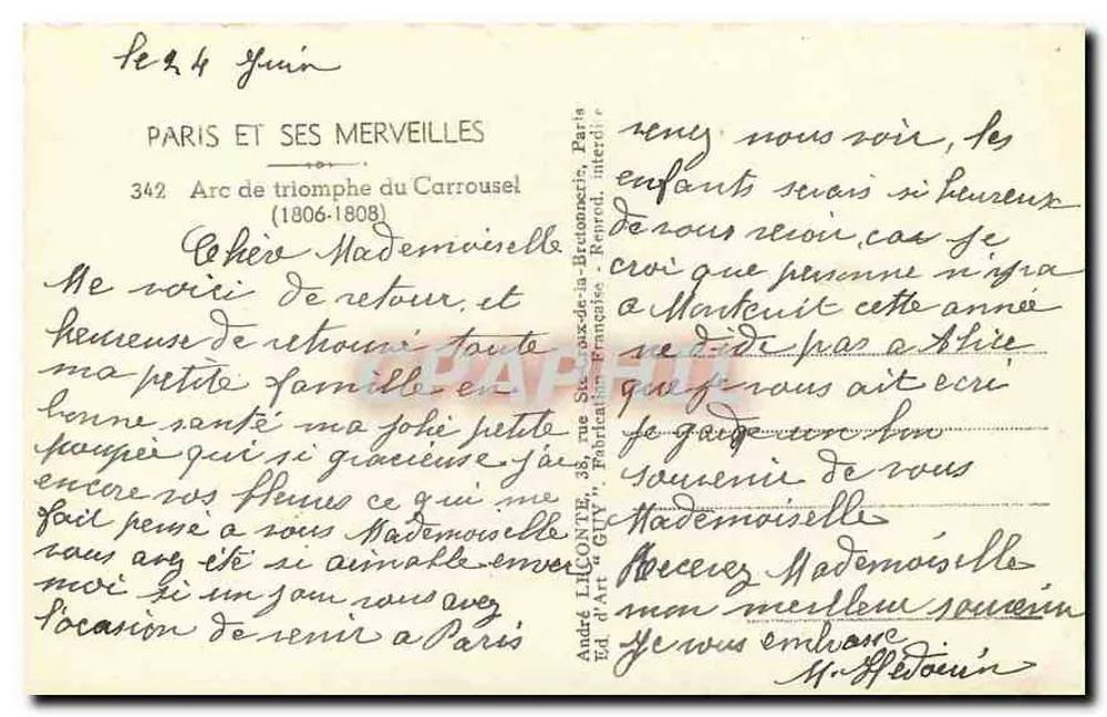 Arc de Triomphe du Carrousel — Paris — Éditeur Guy, n° 342 - Verso