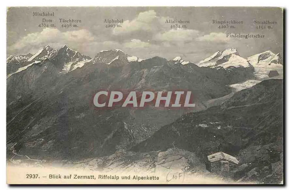 Blick auf Zermatt, Riffelalp und Alpenkette — Phototypie Ja., Neuchâtel - Recto