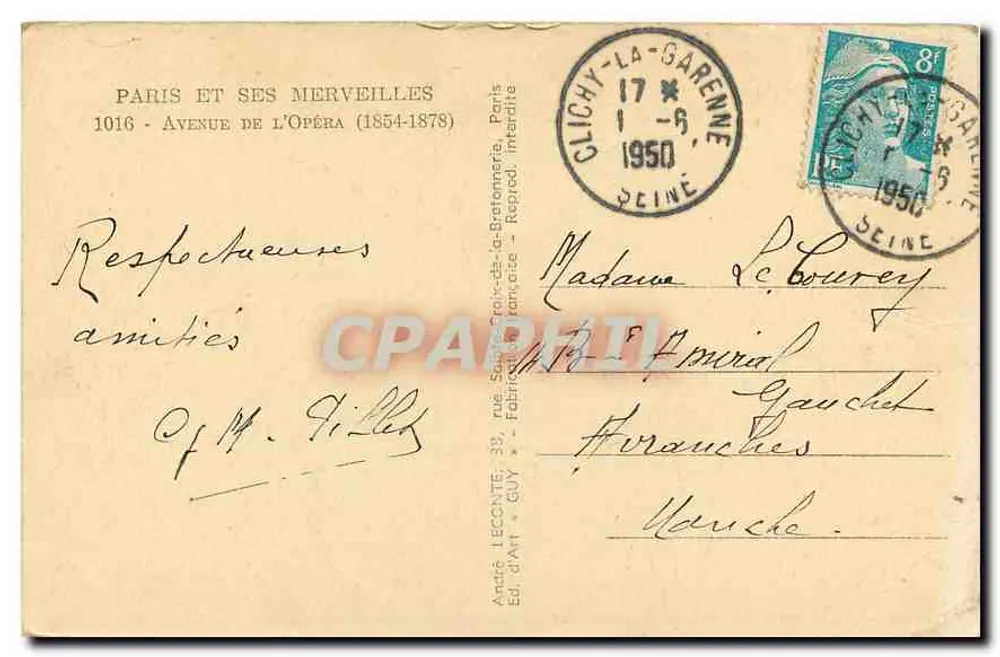 Paris et ses merveilles — Avenue de l'Opéra (1854-1878) — André Leconte, éd. d'art Guy, n°1016 - Verso