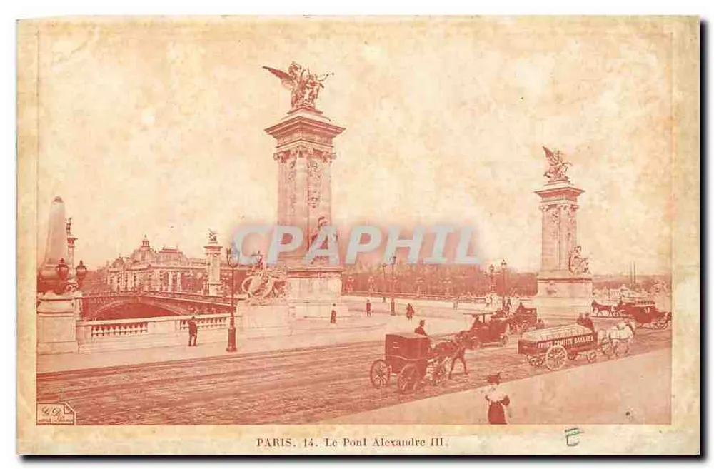 Paris. O Pont Alexandre III — vista do ponte com veículos e estátuas — Editor G. Dreyfus, n°14 - Frente