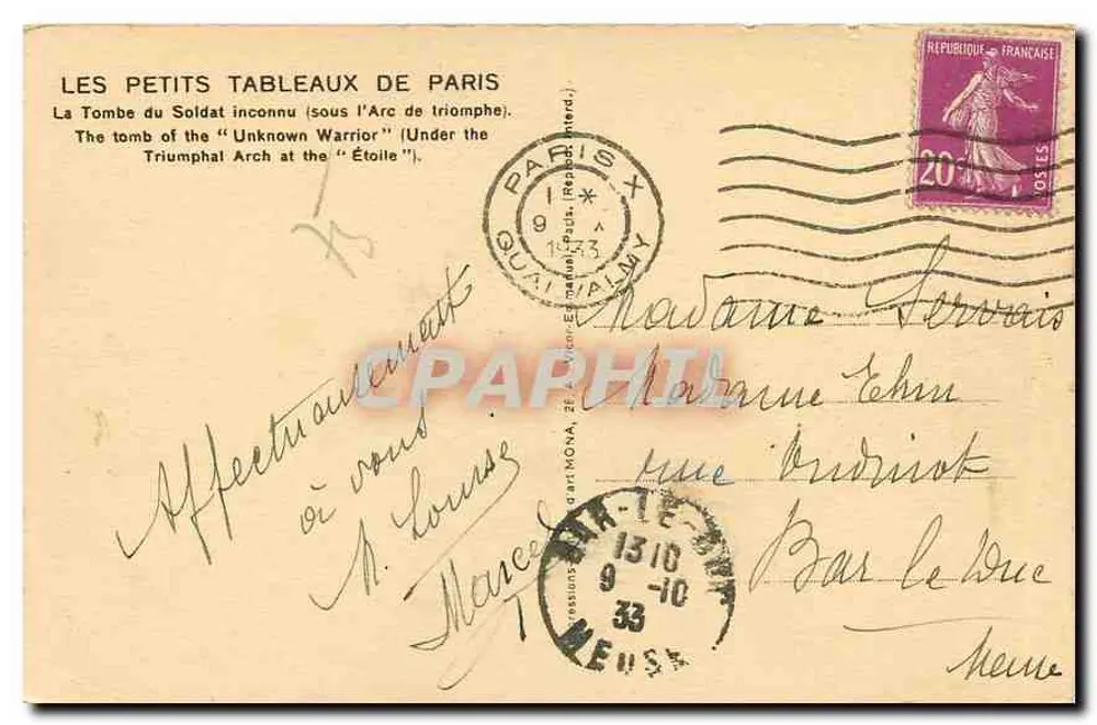 Arc de Triomphe — Grab des Unbekannten Soldaten — Verlag Mona - Rückseite