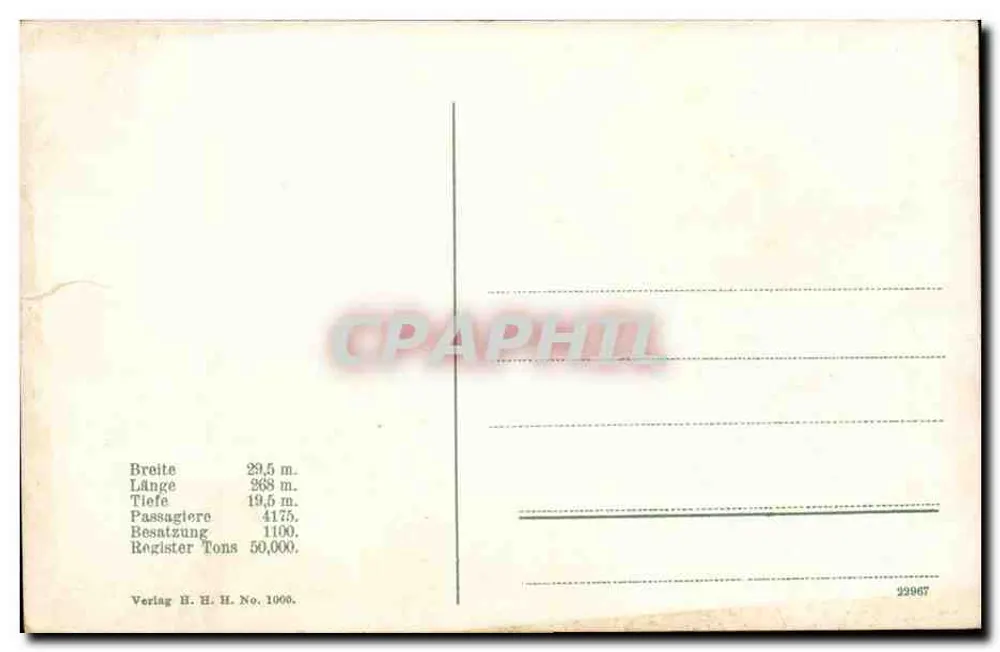 Imperator — Dampfer der Hamburg-America-Linie — Verlag H. H. Nr. 1000 - Rückseite