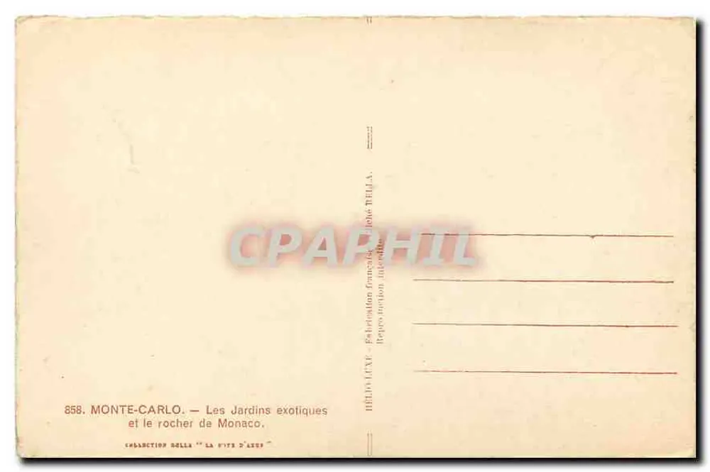 Monte-Carlo — Die exotischen Gärten und der Felsen von Monaco — Verlag Rella, Nr. 858 - Rückseite