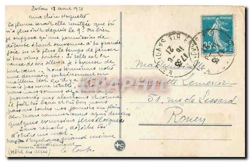 Evian-les-Bains. O Casino — Bilhete postal antigo n° 591, editor desconhecido - Verso