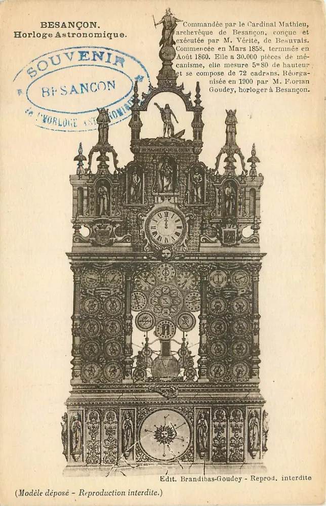 Besançon. Relógio Astronômico — Encomendado pelo Cardeal Mathieu, concebido por M. Vérité, executado por M. Florian Goudey — Edit. Brandibas-Goudey - Frente