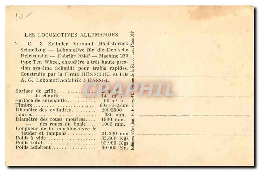 Locomotive à vapeur — Type Ten Wheel — Henschel & Söhne, Kassel — Éditions d'Art Jan F. Fleury, Paris - Verso