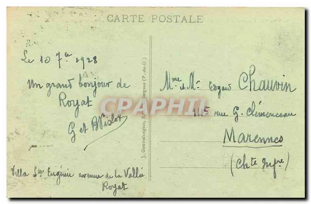ROYAT et CLERMONT-FERRAND — Vue générale prise de Royat — éditeur G. D'O. n° 1134 - Verso