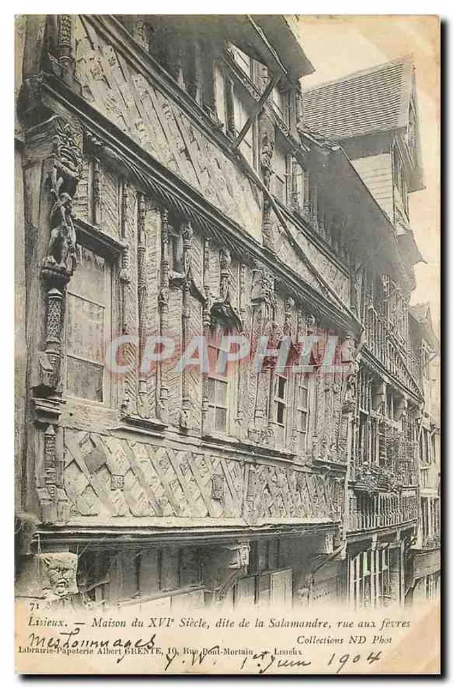 Lisieux — Casa do Século XVI, chamada de Salamandra, rua aux Feuves — Labraririe Papeterie Albert GILLENTE, 10, Rue Pont-Mortain, Lisieux - Frente