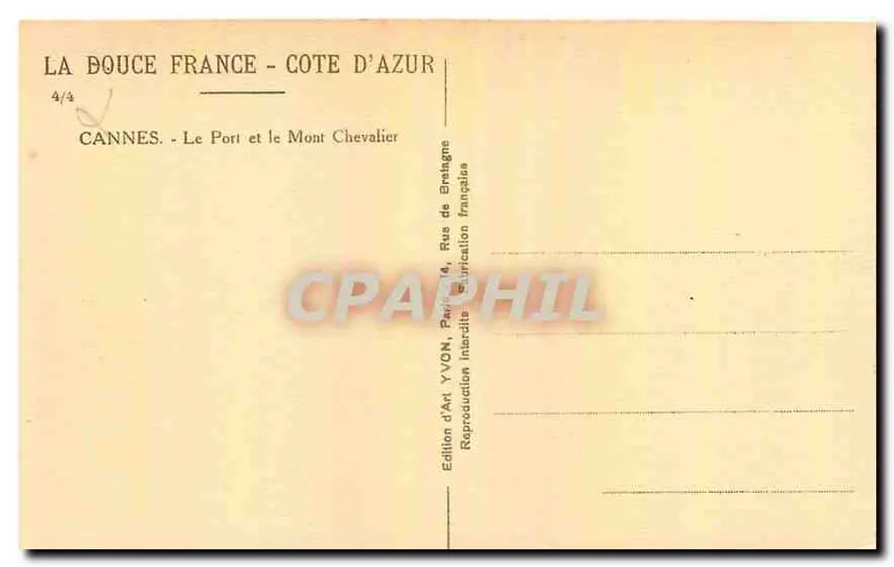 Cannes - Le Port et le Mont Chevalier — Édition d'Art YVON, Paris - Verso