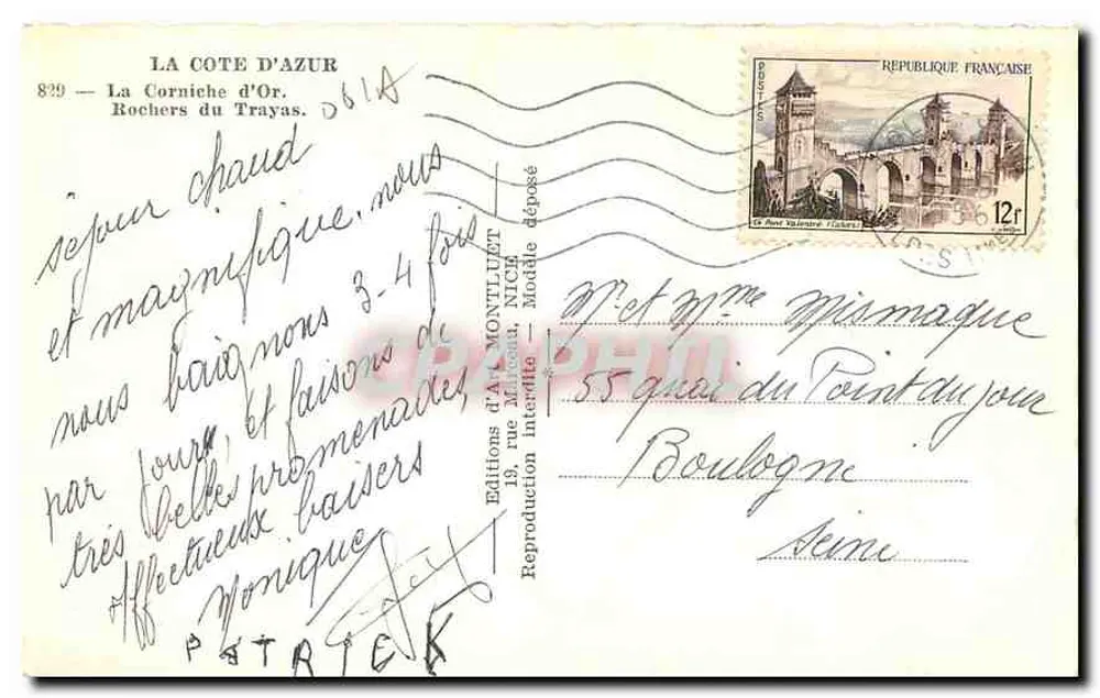Rochers Rouges de l'Estérel — La Côte d'Azur — Éditions d'Art Montuliet, Nice - Verso