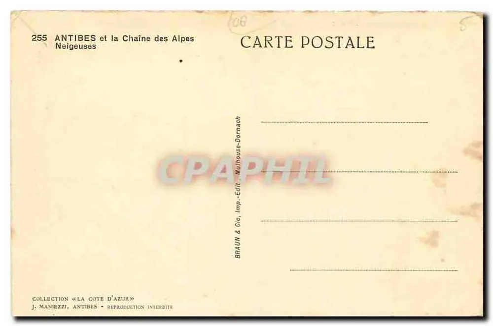 Antibes et la Chaîne des Alpes Neigeuses — Collection « La Côte d'Azur » — Braun & Cie, Imp. - Mulhouse-Dornach - Verso