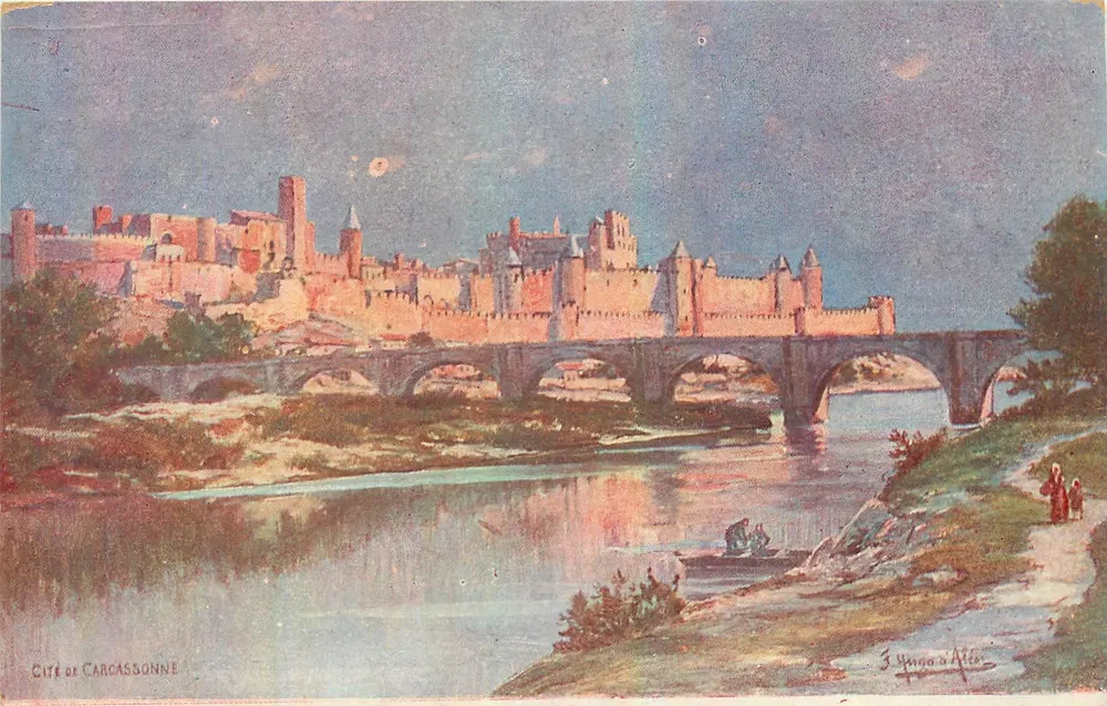 Cidade de Carcassonne — vista do ponte e dos muros — J. Yanna d'Alès - Frente
