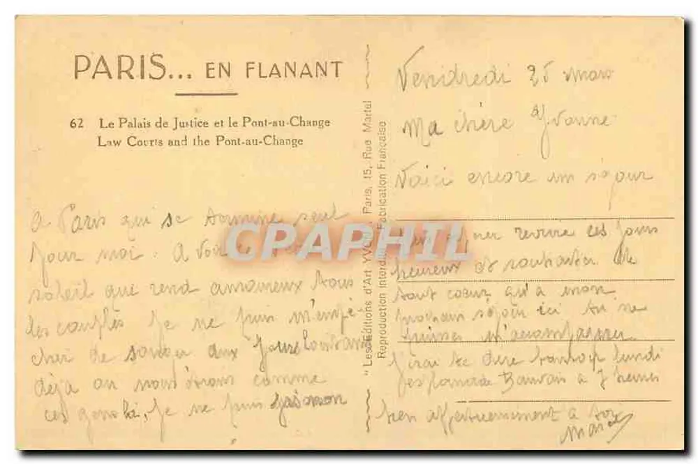 Paris — Das Palast der Gerechtigkeit und der Pont-au-Change — Les Éditions d'Art Yves, Paris - Rückseite