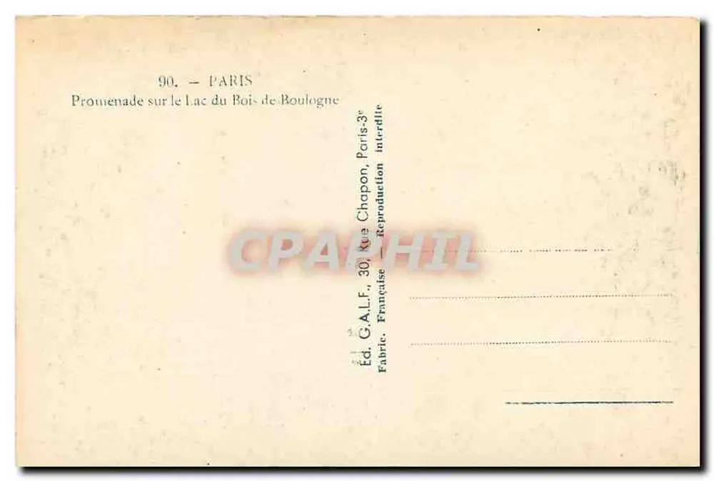 Promenade sur le Lac du Bois de Boulogne — Paris — Éd. G.A.L.F., 30, rue Chapon, Paris - Verso