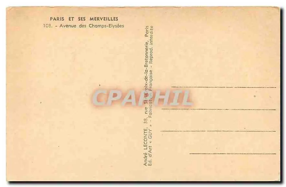 Avenue des Champs-Élysées — Ansicht vom Sitz der Prunet-Gesellschaft — Verleger André Leconte, n° 108 - Rückseite