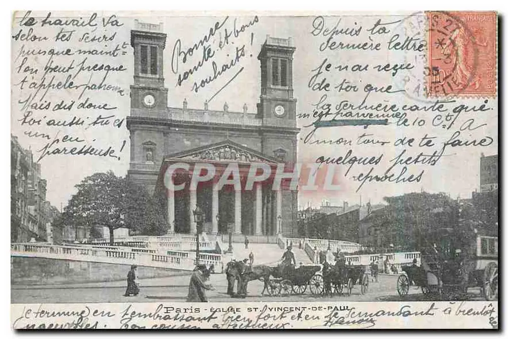 Paris - Igreja de São Vicente de Paulo — vista do edifício com carruagem e pedestres — editor não visível - Frente