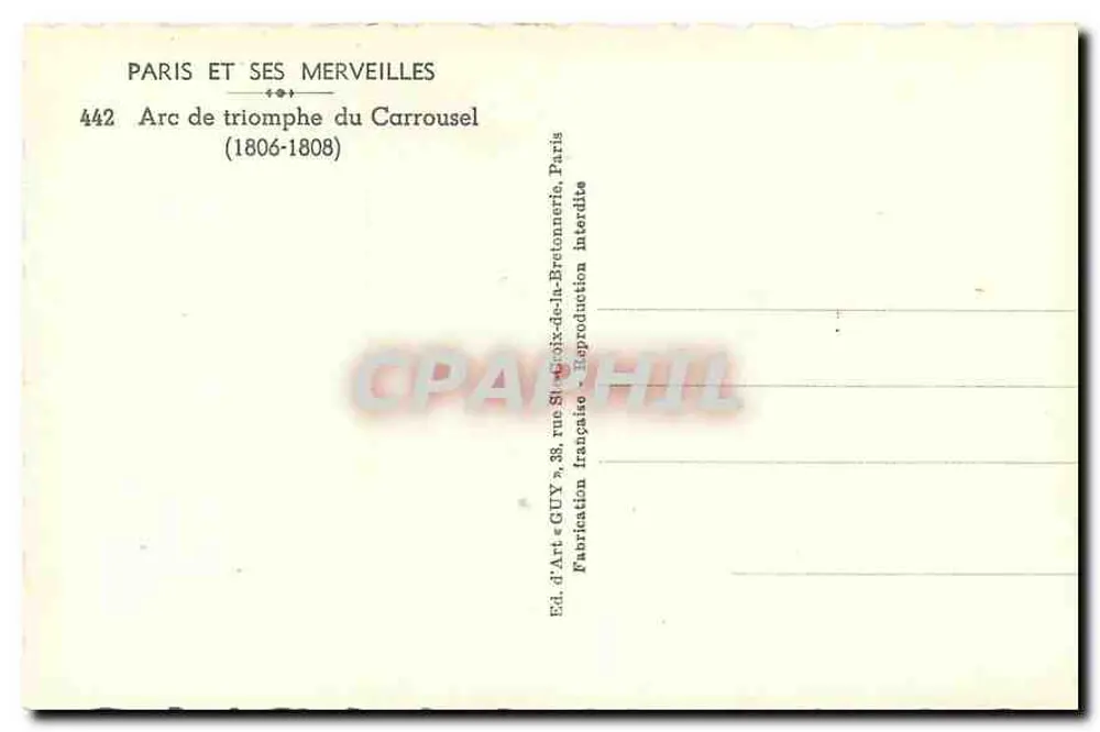 Arc de triomphe du Carrousel — Paris — Éd. d'Art GUY, 442 - Verso