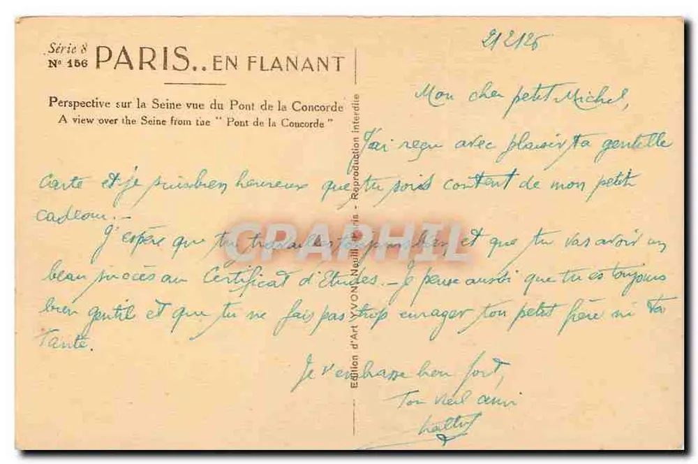 Paris. Spazieren — Perspektive der Seine vom Pont de la Concorde — Édition d'Art Yvonn — Nr. 156 - Rückseite