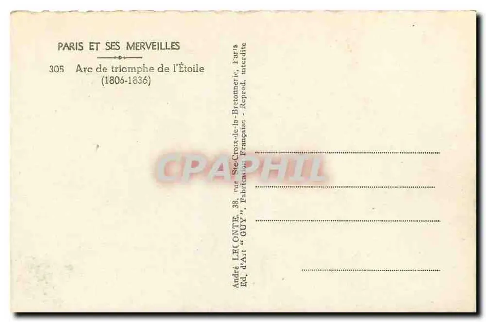 Arc de Triomphe de l'Étoile — Paris — Éditeur GUY, n° 305 - Verso