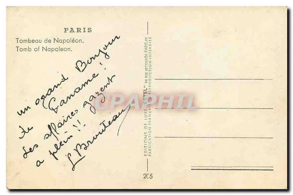 Túmulo de Napoleão — Paris — Editor Estel, n° 205 - Verso