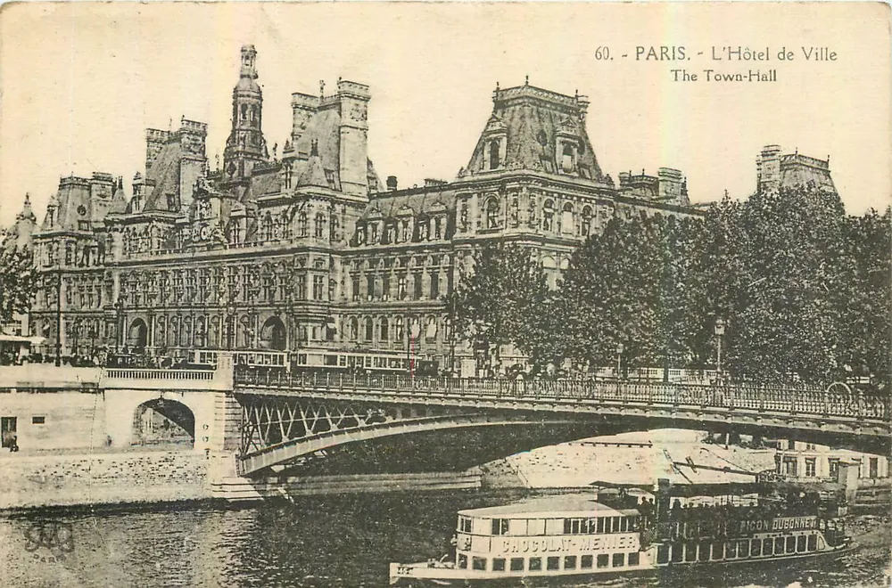 Paris - O Hôtel de Ville — vista com ponte e barco — editor 'Phototype / Abellé, Paris' n°60 - Frente