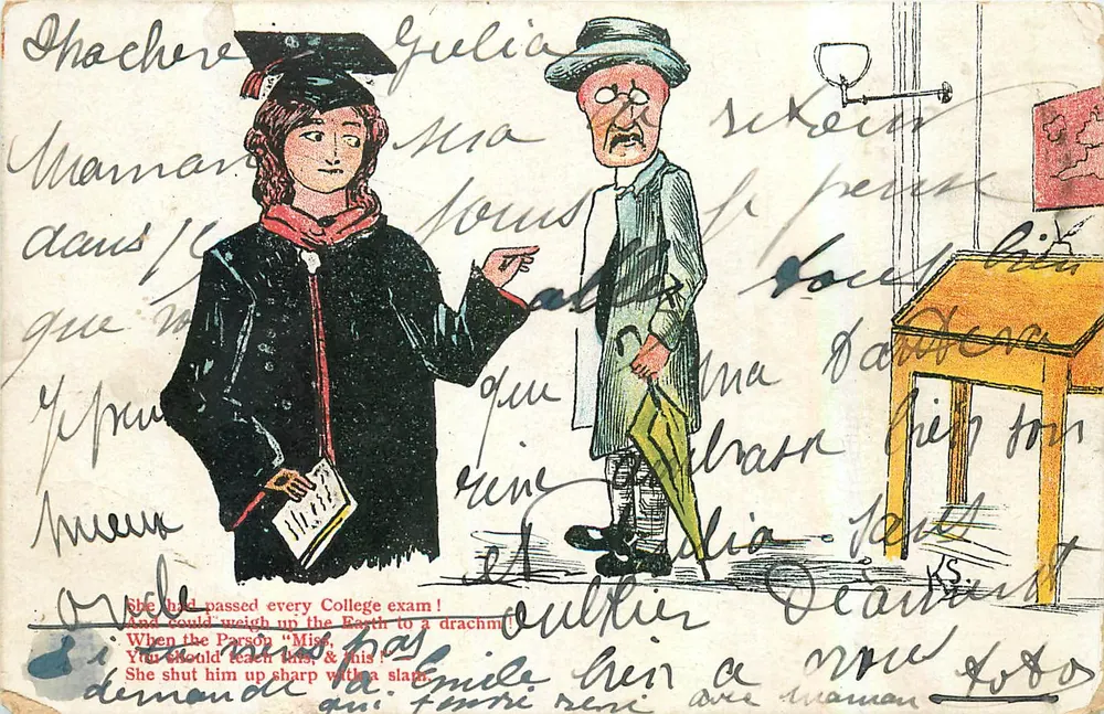 Jeune diplômée et prêtre — scène humoristique — éditeur G. D. & D. (Bavière) - Frente