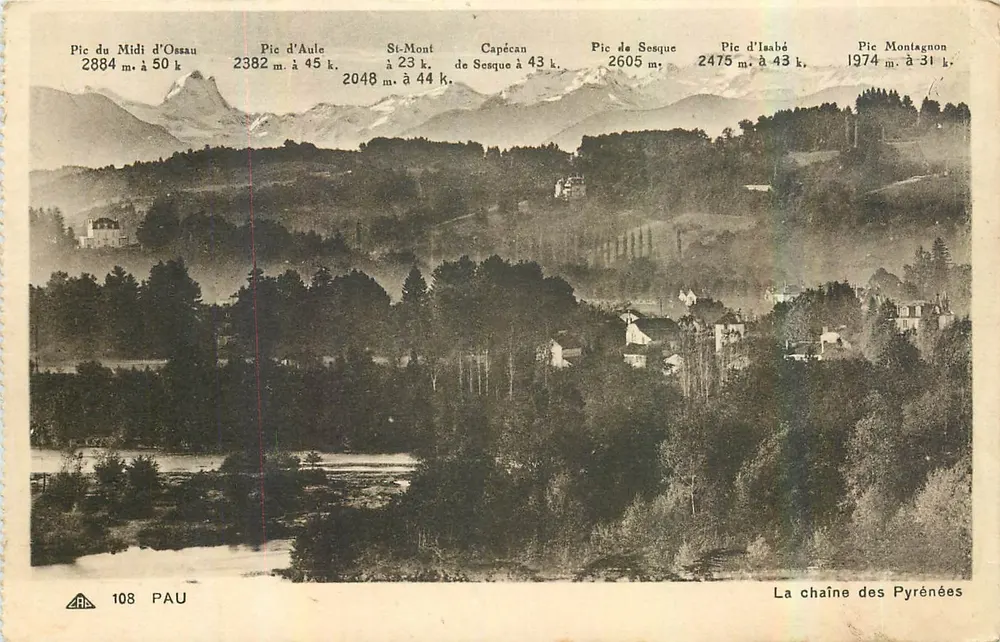 A cadeia dos Pirineus — Vista panorâmica dos picos com altitudes — editor Pau, n° 108 - Frente