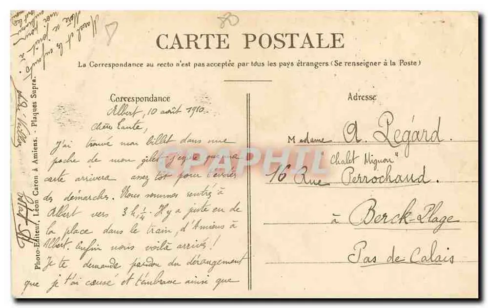 Amiens — Palácio de Justiça — Editor Léon Caron, n° 377 - Verso