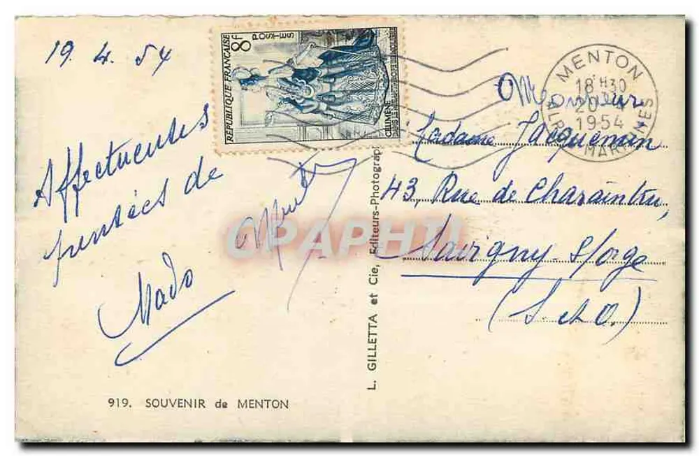 Menton — vista panorâmica e paisagens — L. Gilletta e Cie, n°919 - Verso
