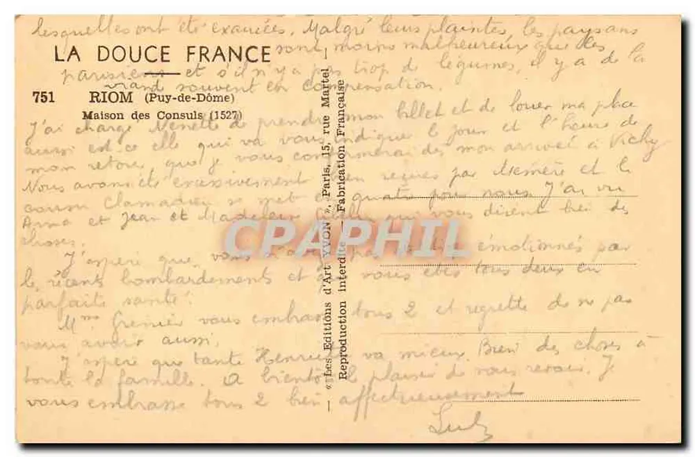 Bank Chevalerias — Riom (Puy-de-Dôme) — Éditions d'Art Vion - Rückseite
