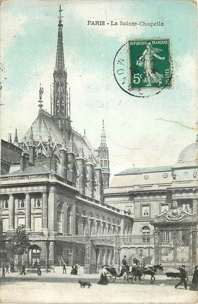 Paris - A Santa Capela — vista do edifício com selo de 5c República Francesa e carimbo postal - Frente