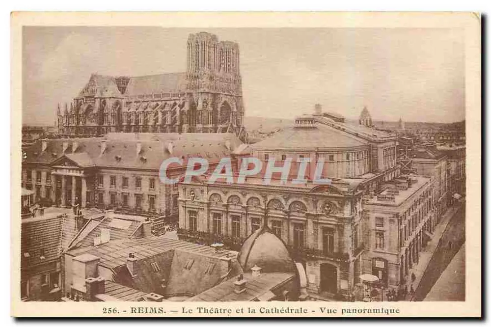 Reims — Das Theater und die Kathedrale — Panoramablick — A. Quentimet, Verlag, 20, rue Thiers, Reims - Vorderseite