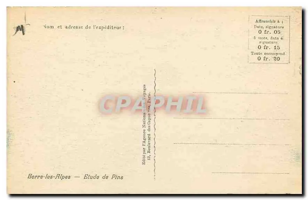 Berre-les-Alpes — Estudo de Pinheiros — Editado pela Agência Nacional de Viagens - Verso